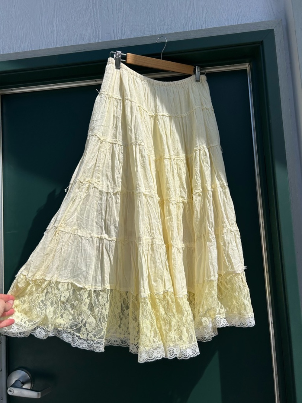 Light Yellow Tiered Maxi Skirt with Lace Hem